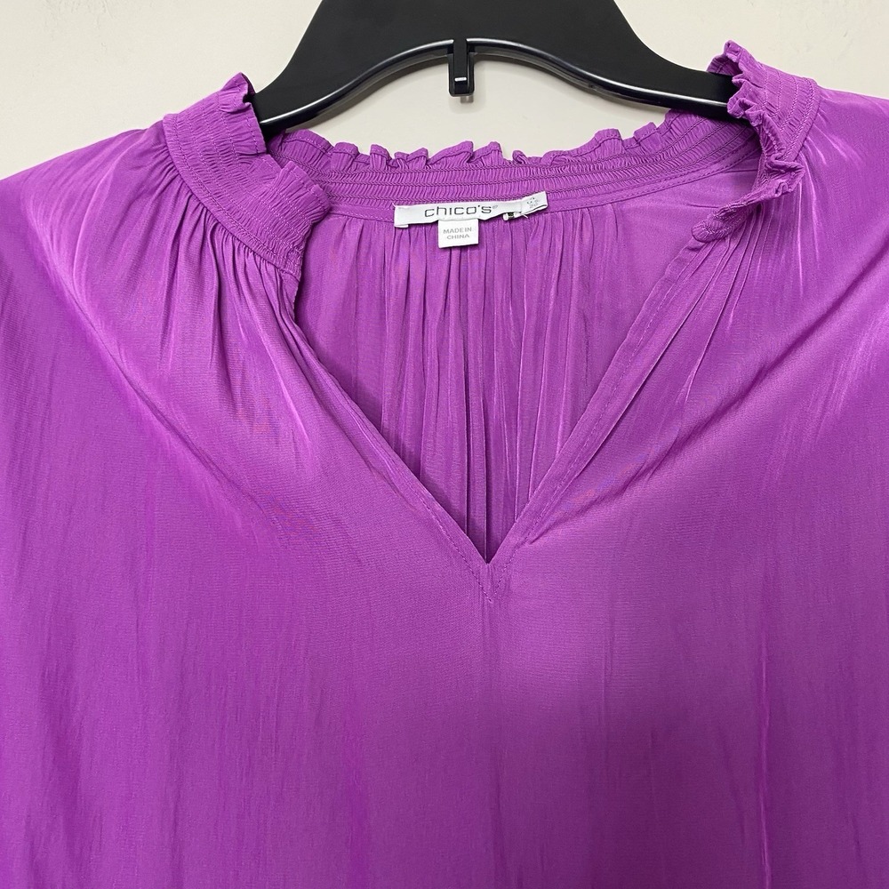 Chico's‎ Blouse 4 XXL Purple Tunic Top Mesh Studded Sleeve Ruffle Cuff V Neck - Picture 8 of 16